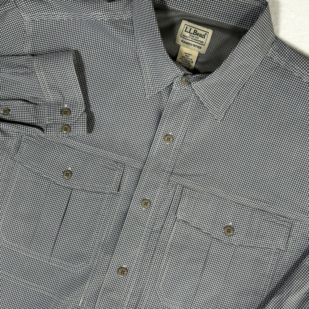 LL Bean Performance Button Up Shirt Men's L Grey Check Slightly Fitted Outdoors